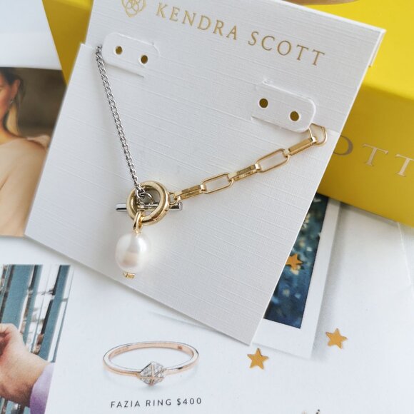 New Kendra Scott Leighton Convertible White Pearl Chain Necklace Mixed Metal - Picture 2 of 4